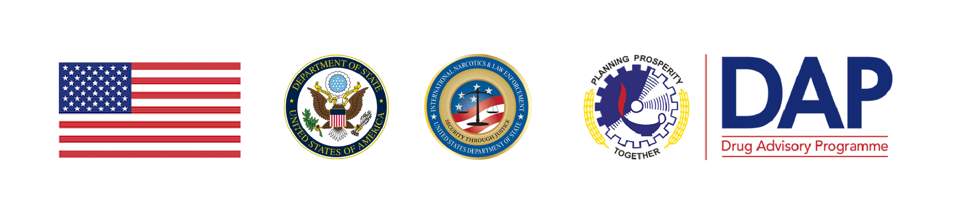 United States Flag, U.S Department of State seal. International Narcotics and Law Enforcement seal. Colombo Plan and DAP Logo